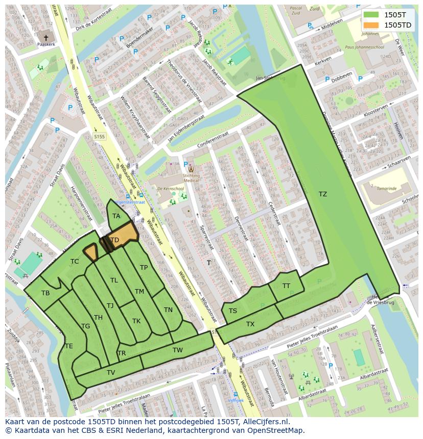 Afbeelding van het postcodegebied 1505 TD op de kaart.
