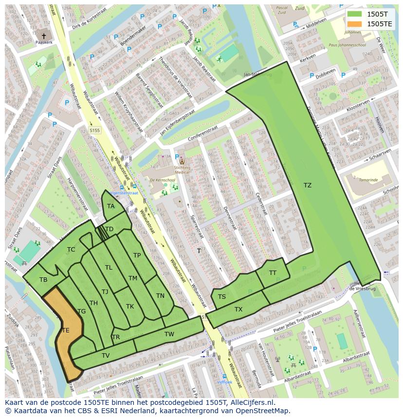 Afbeelding van het postcodegebied 1505 TE op de kaart.