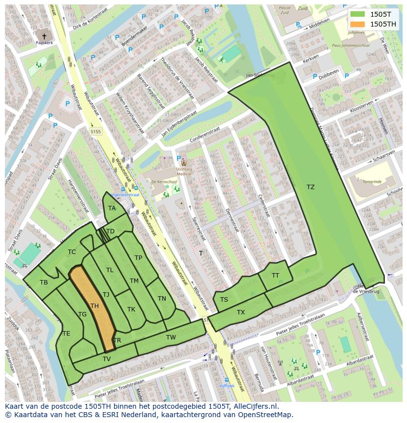 Afbeelding van het postcodegebied 1505 TH op de kaart.