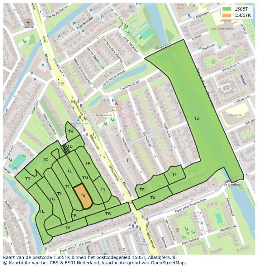 Afbeelding van het postcodegebied 1505 TK op de kaart.
