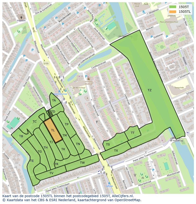 Afbeelding van het postcodegebied 1505 TL op de kaart.