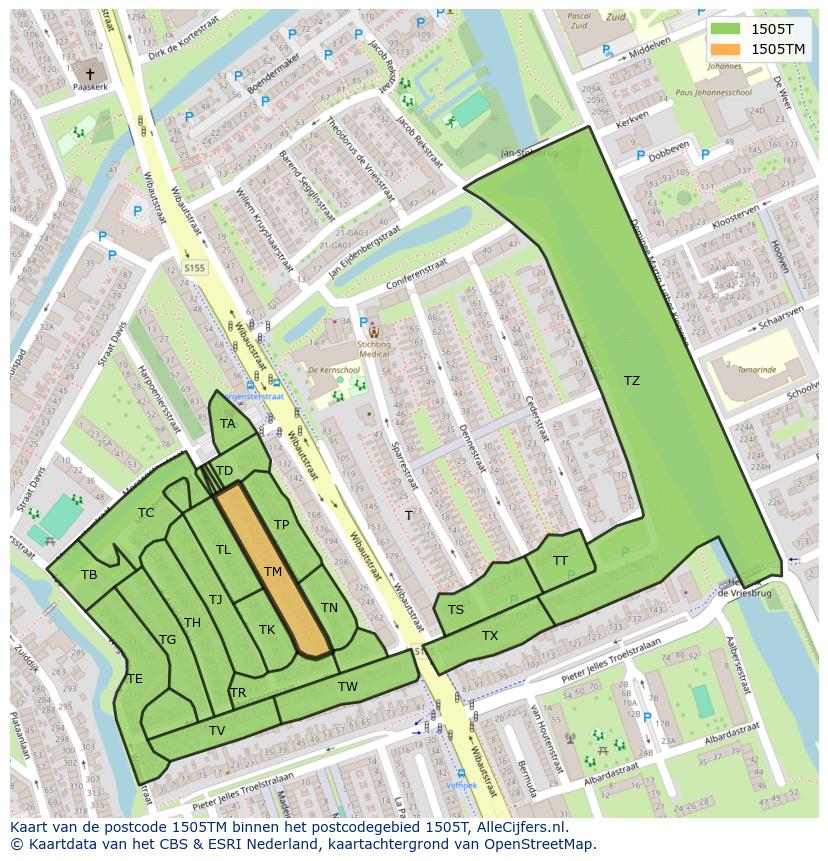 Afbeelding van het postcodegebied 1505 TM op de kaart.