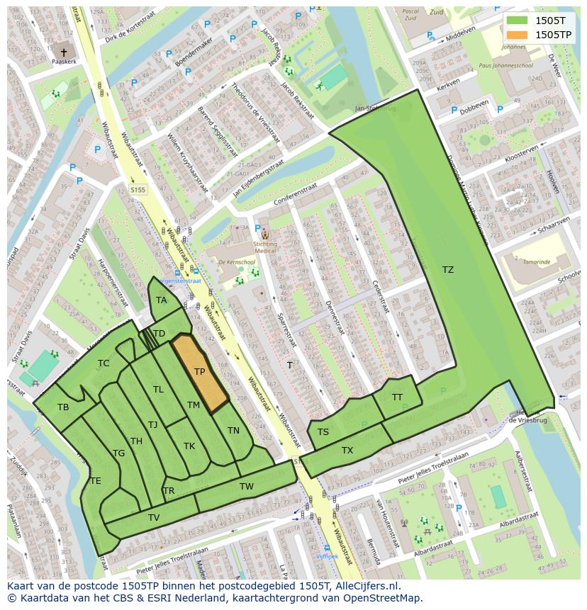 Afbeelding van het postcodegebied 1505 TP op de kaart.