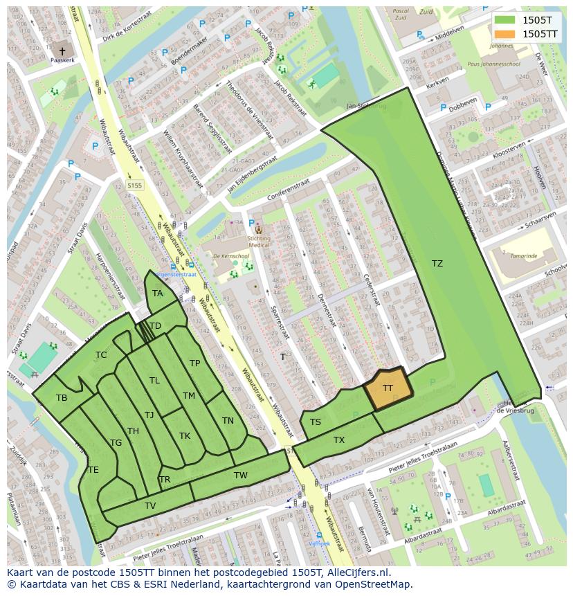 Afbeelding van het postcodegebied 1505 TT op de kaart.