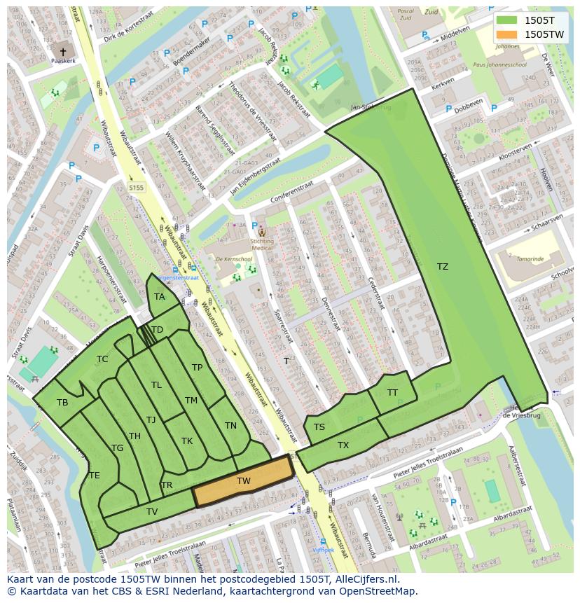 Afbeelding van het postcodegebied 1505 TW op de kaart.