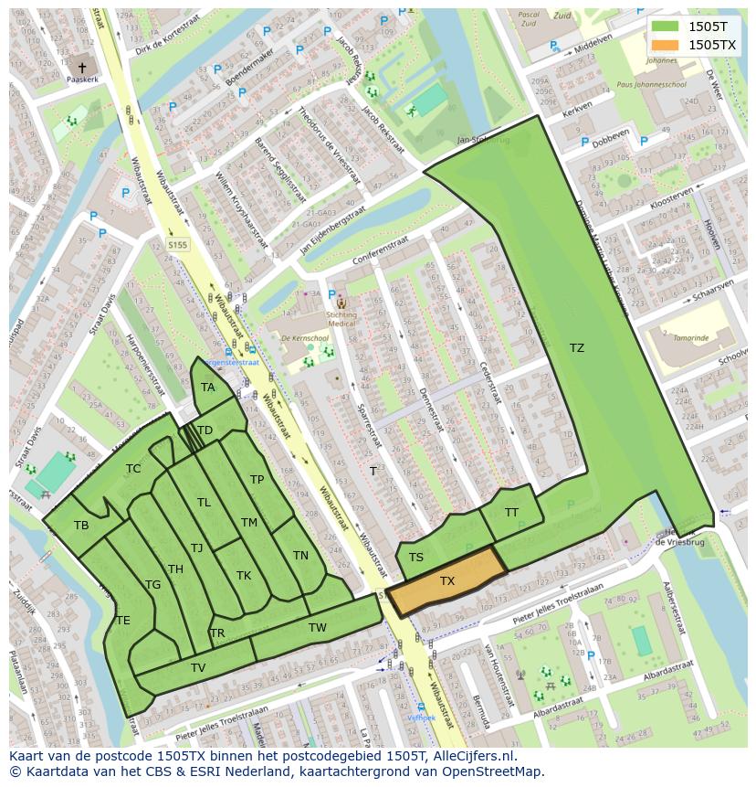 Afbeelding van het postcodegebied 1505 TX op de kaart.