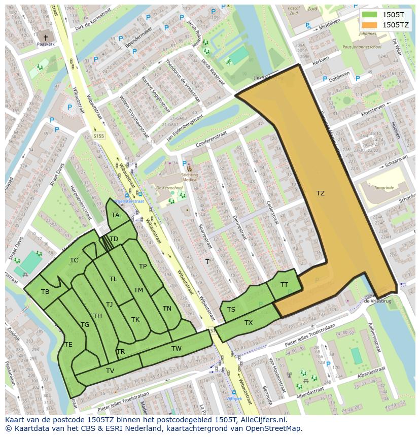 Afbeelding van het postcodegebied 1505 TZ op de kaart.