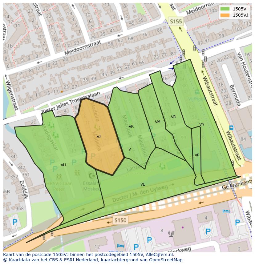 Afbeelding van het postcodegebied 1505 VJ op de kaart.