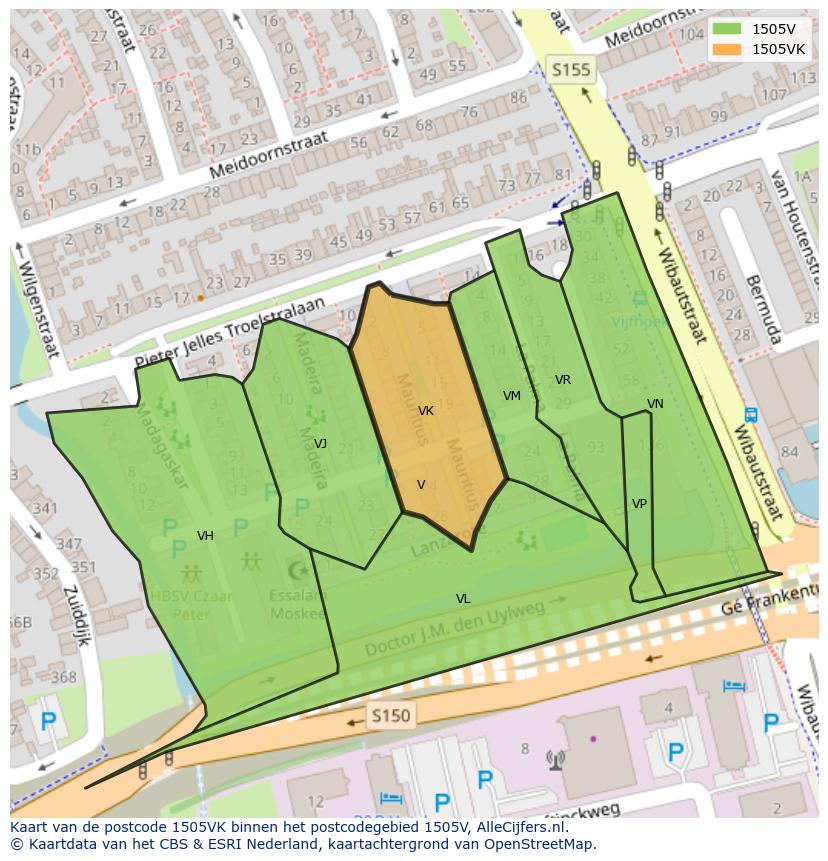 Afbeelding van het postcodegebied 1505 VK op de kaart.