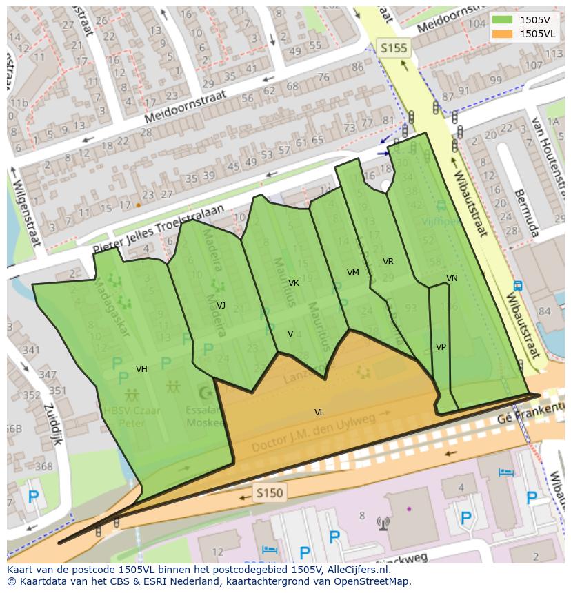 Afbeelding van het postcodegebied 1505 VL op de kaart.