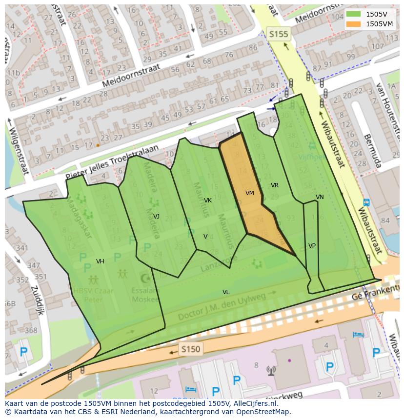 Afbeelding van het postcodegebied 1505 VM op de kaart.