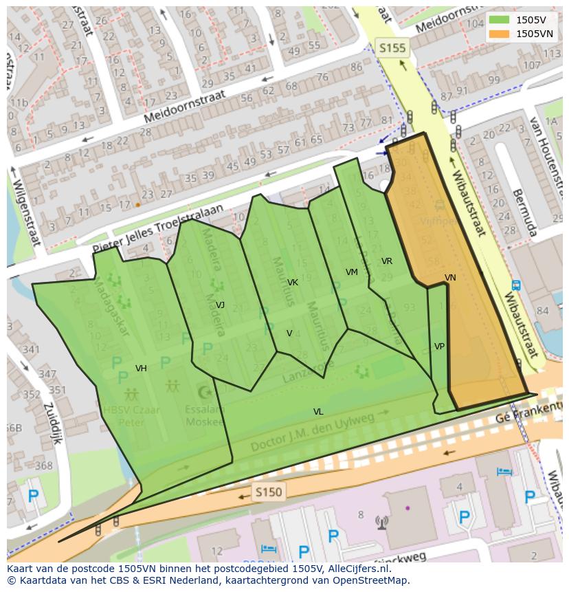 Afbeelding van het postcodegebied 1505 VN op de kaart.