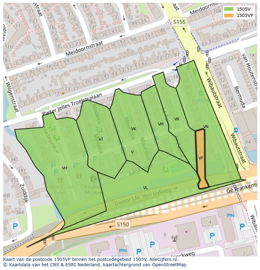 Afbeelding van het postcodegebied 1505 VP op de kaart.