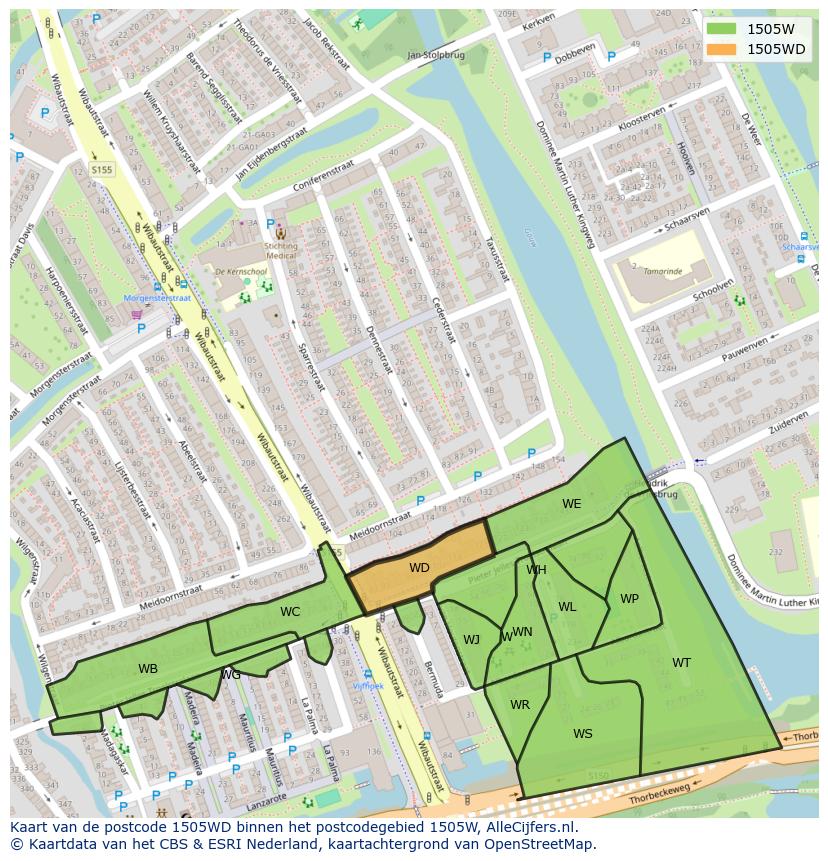 Afbeelding van het postcodegebied 1505 WD op de kaart.