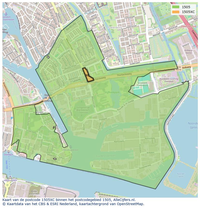 Afbeelding van het postcodegebied 1505 XC op de kaart.