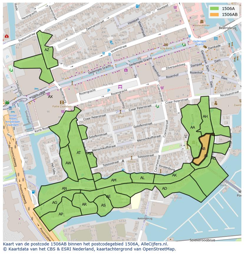 Afbeelding van het postcodegebied 1506 AB op de kaart.