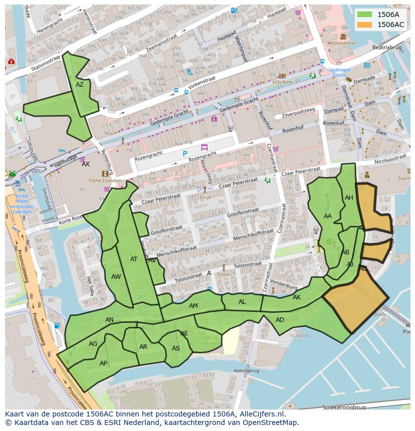 Afbeelding van het postcodegebied 1506 AC op de kaart.