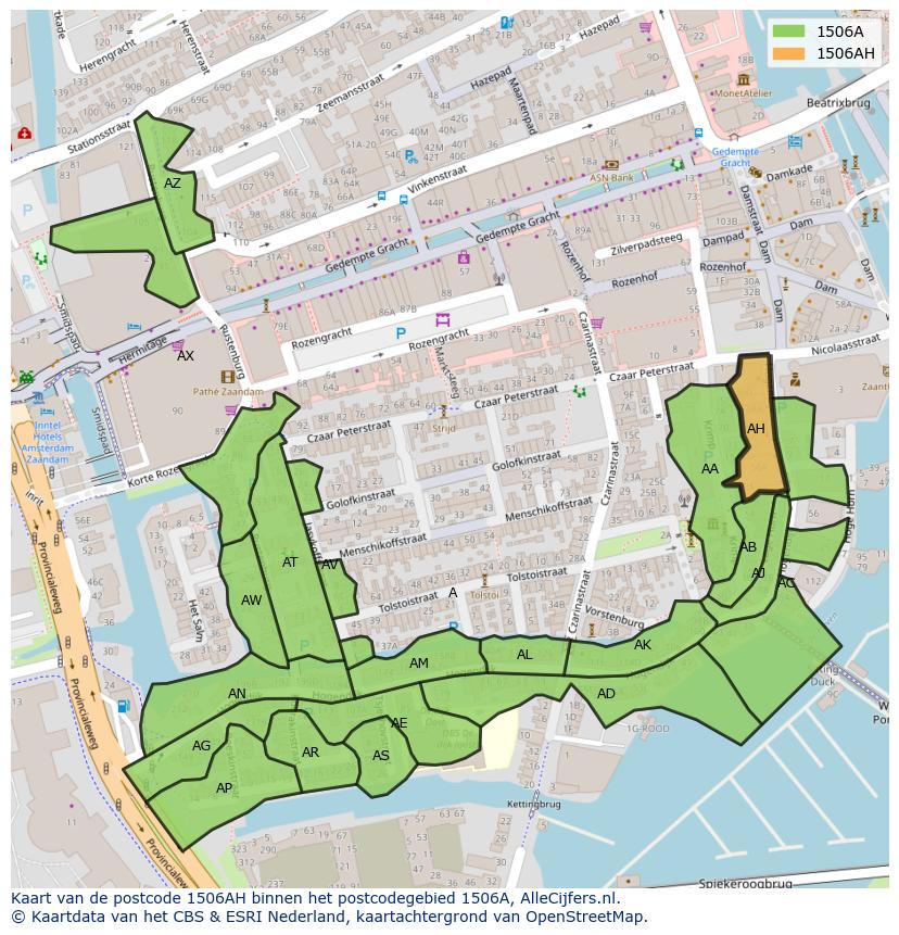 Afbeelding van het postcodegebied 1506 AH op de kaart.