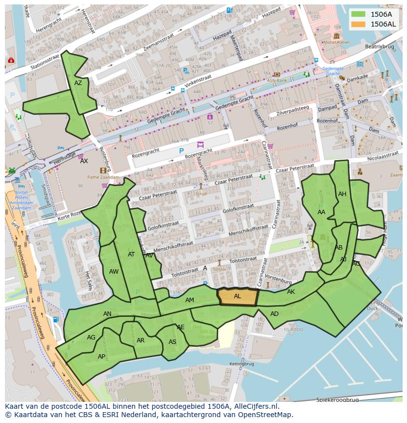 Afbeelding van het postcodegebied 1506 AL op de kaart.