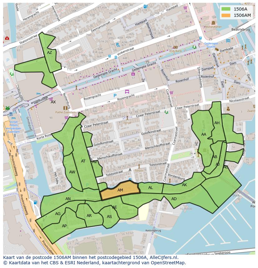 Afbeelding van het postcodegebied 1506 AM op de kaart.