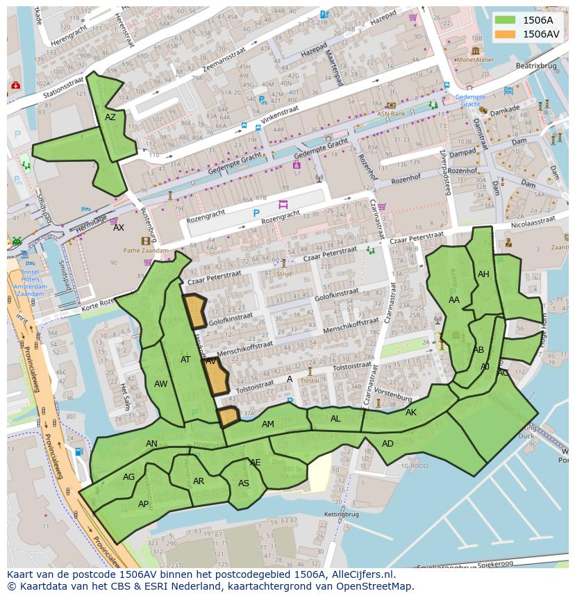 Afbeelding van het postcodegebied 1506 AV op de kaart.