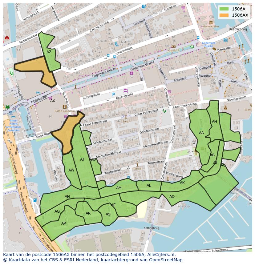 Afbeelding van het postcodegebied 1506 AX op de kaart.