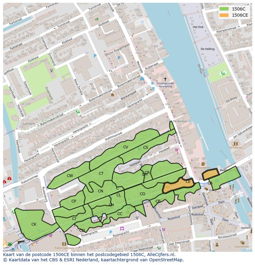 Afbeelding van het postcodegebied 1506 CE op de kaart.