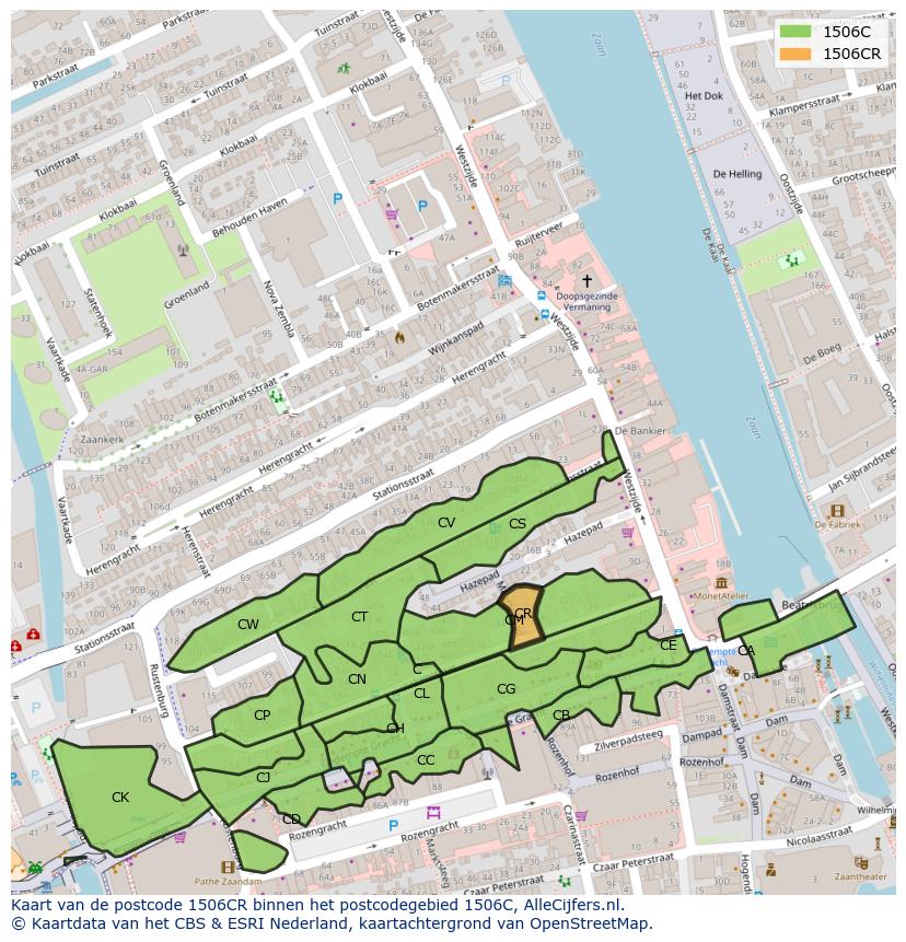 Afbeelding van het postcodegebied 1506 CR op de kaart.