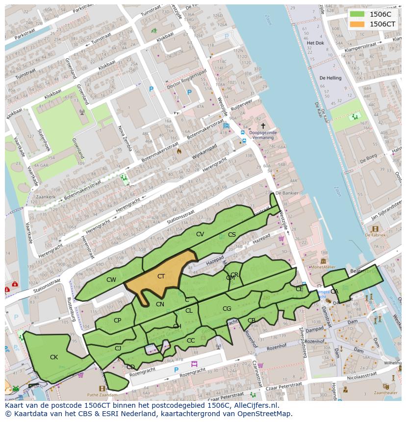 Afbeelding van het postcodegebied 1506 CT op de kaart.