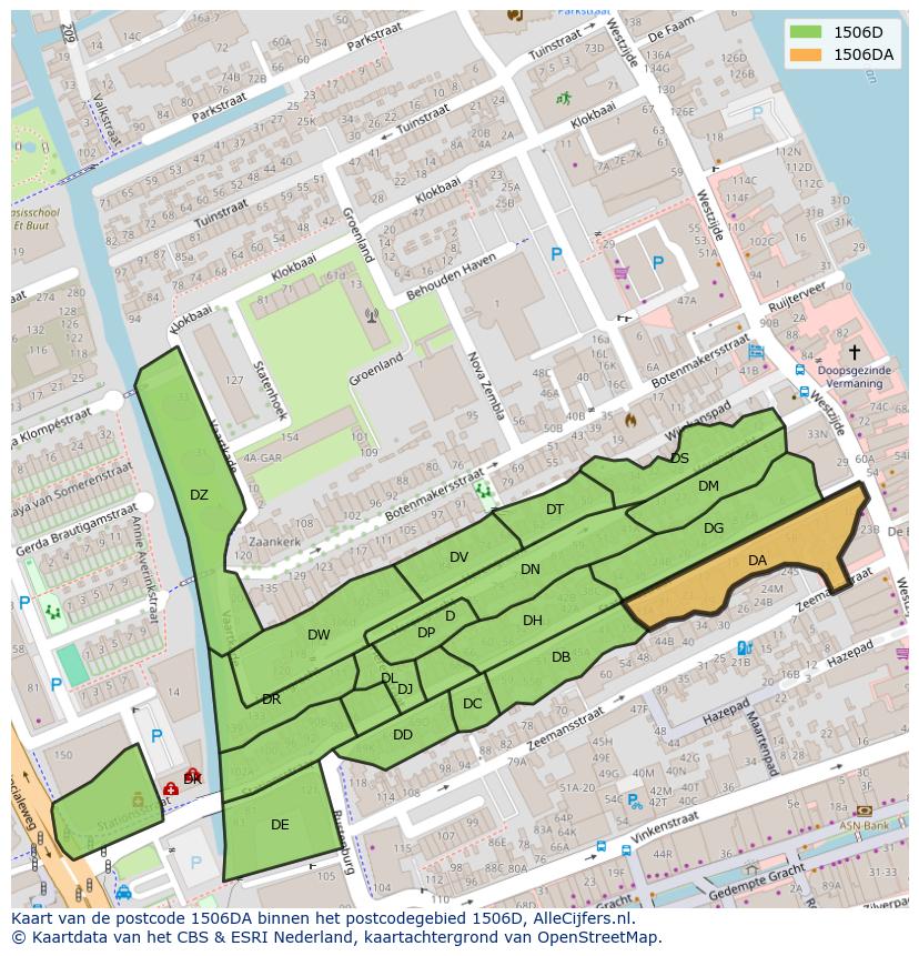 Afbeelding van het postcodegebied 1506 DA op de kaart.