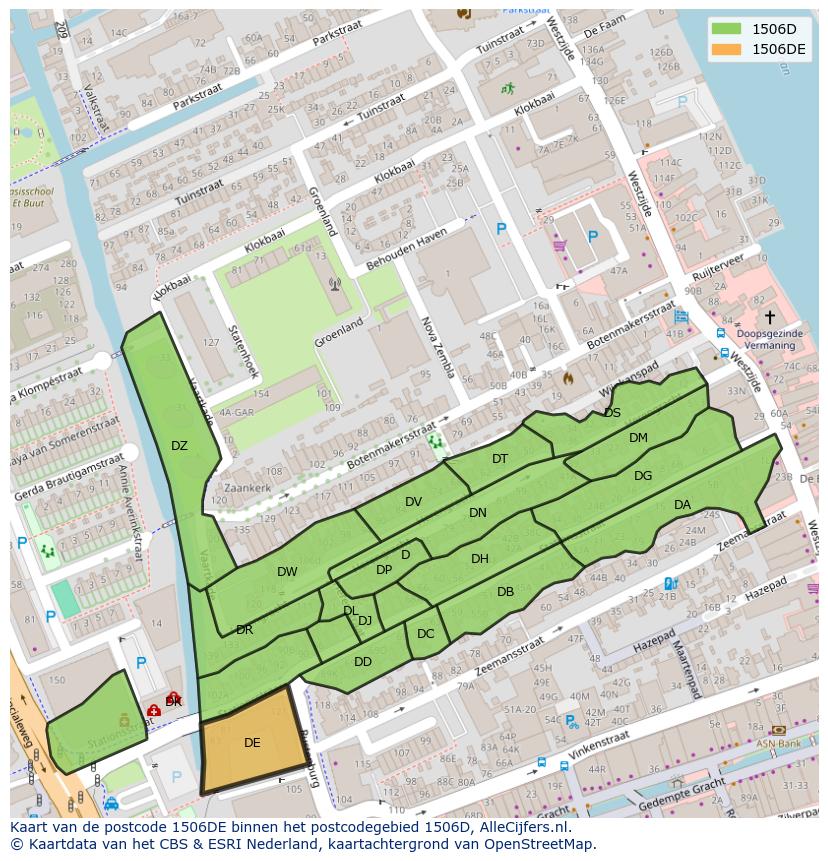 Afbeelding van het postcodegebied 1506 DE op de kaart.