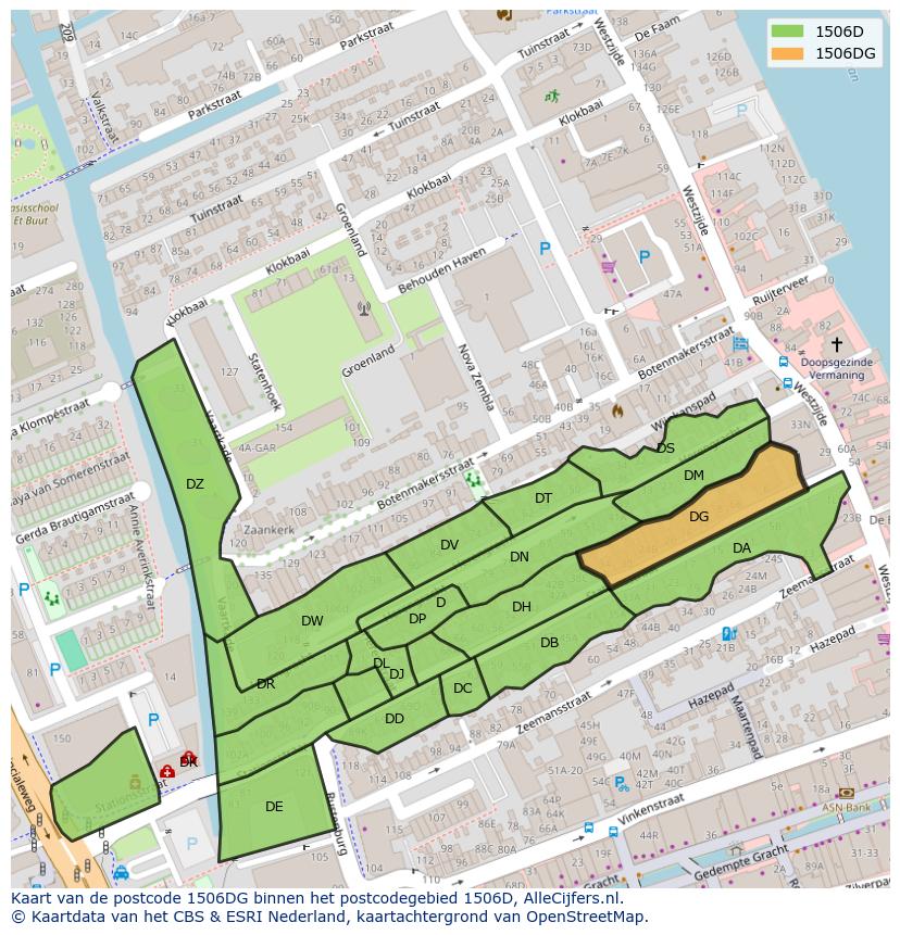 Afbeelding van het postcodegebied 1506 DG op de kaart.