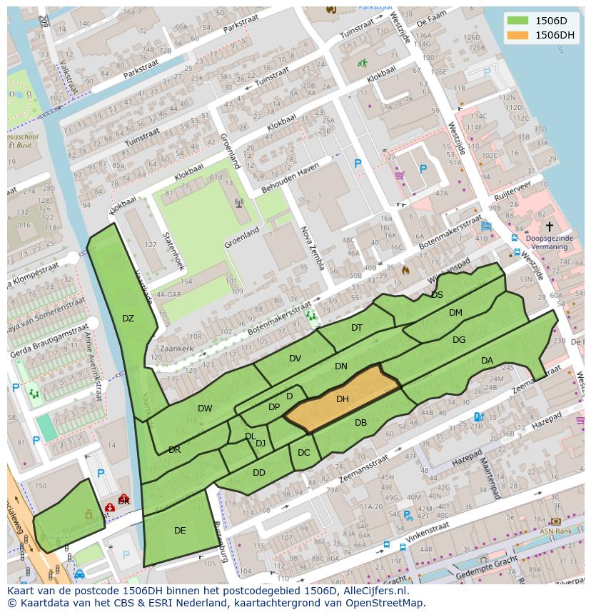 Afbeelding van het postcodegebied 1506 DH op de kaart.