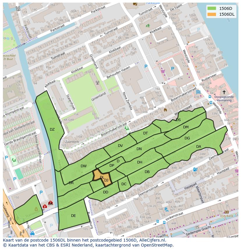 Afbeelding van het postcodegebied 1506 DL op de kaart.