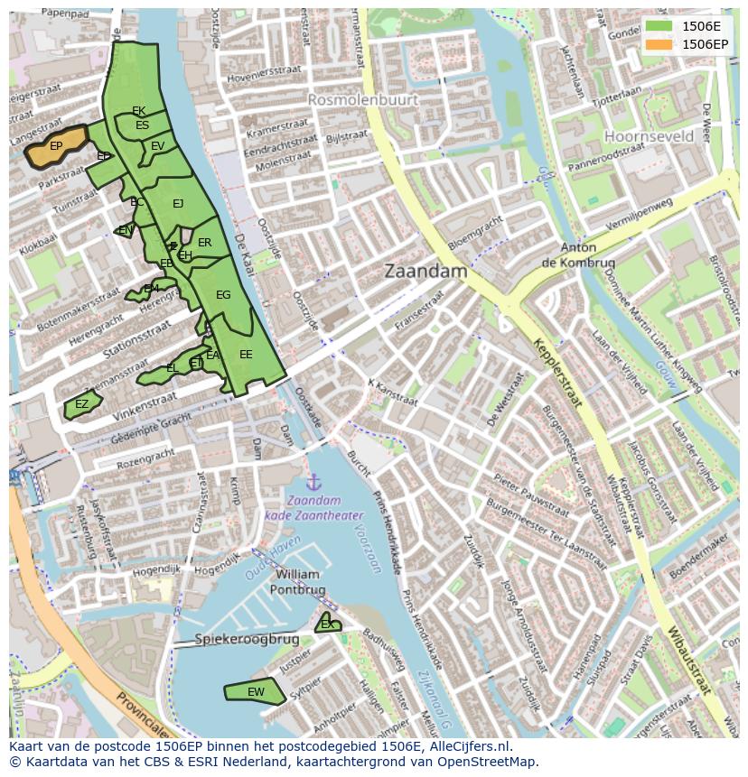 Afbeelding van het postcodegebied 1506 EP op de kaart.