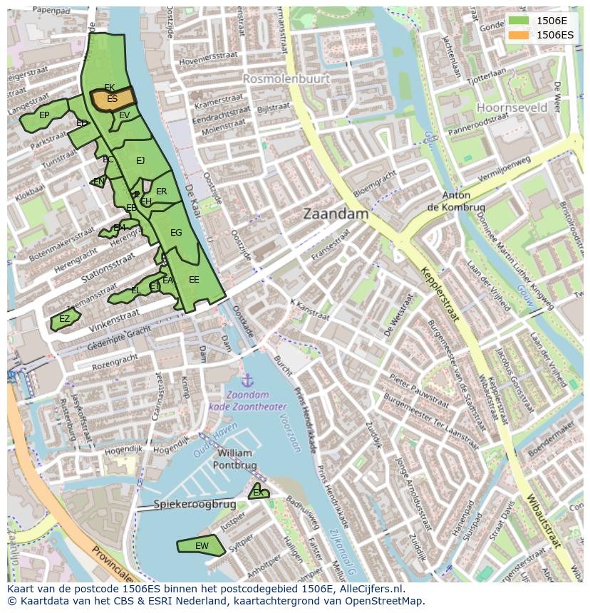 Afbeelding van het postcodegebied 1506 ES op de kaart.