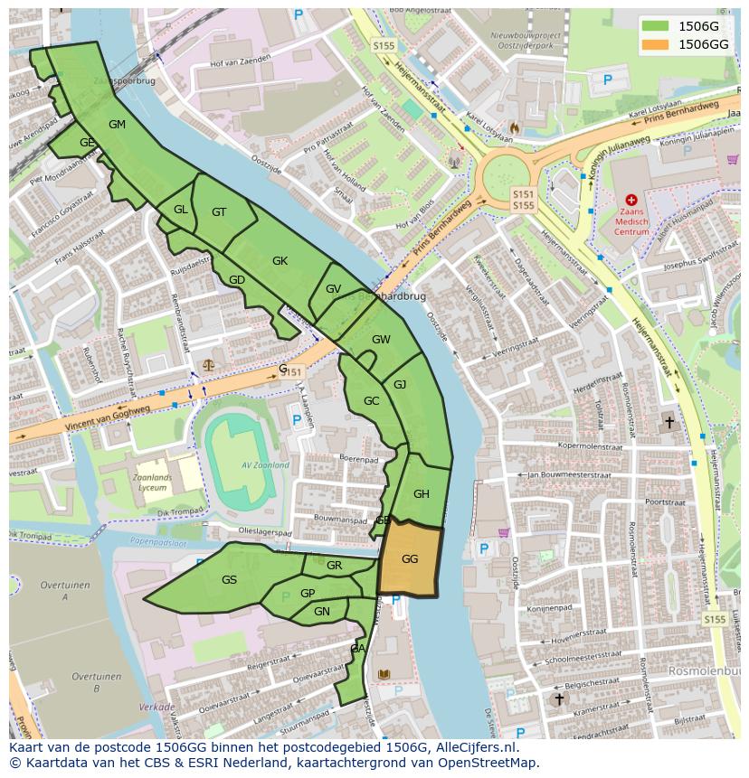 Afbeelding van het postcodegebied 1506 GG op de kaart.