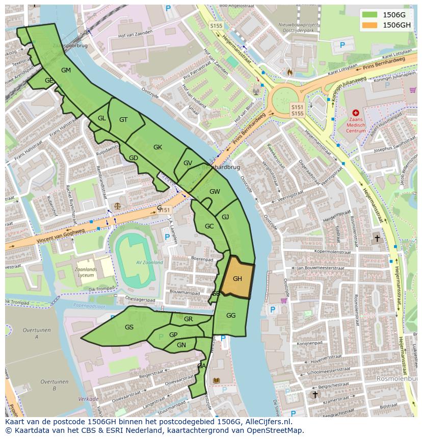 Afbeelding van het postcodegebied 1506 GH op de kaart.