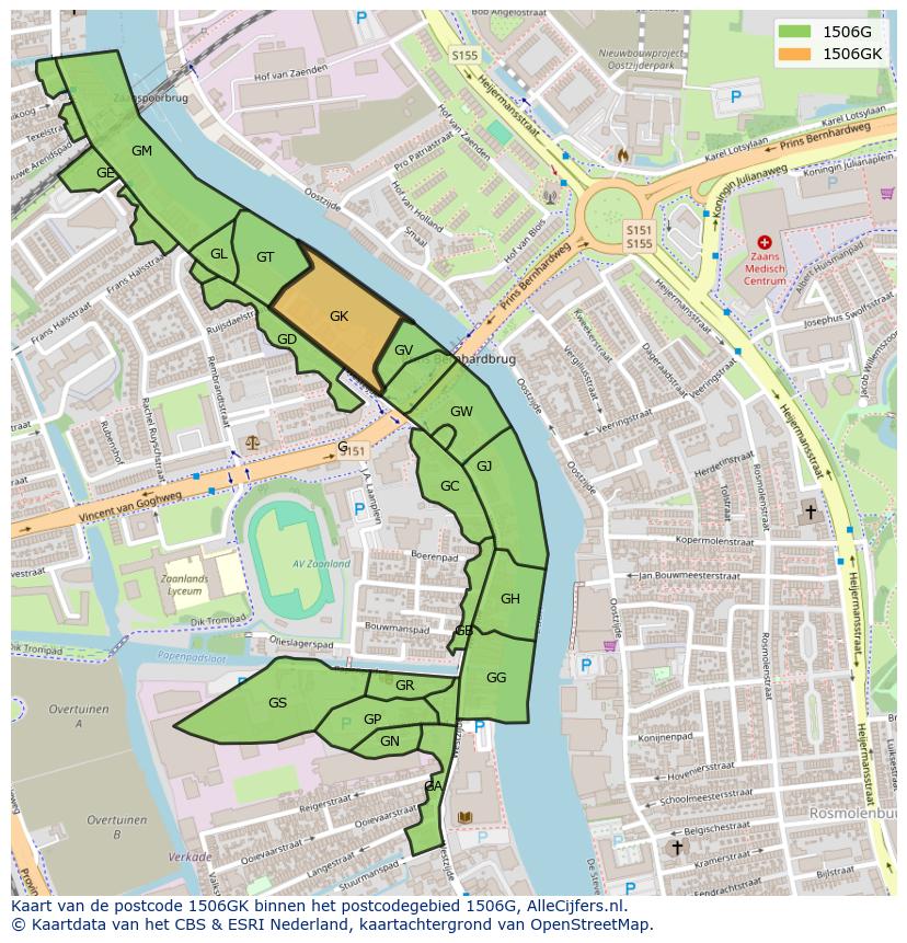 Afbeelding van het postcodegebied 1506 GK op de kaart.