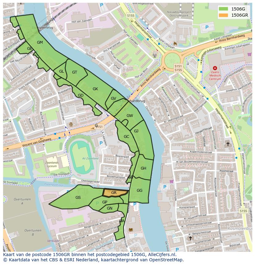 Afbeelding van het postcodegebied 1506 GR op de kaart.