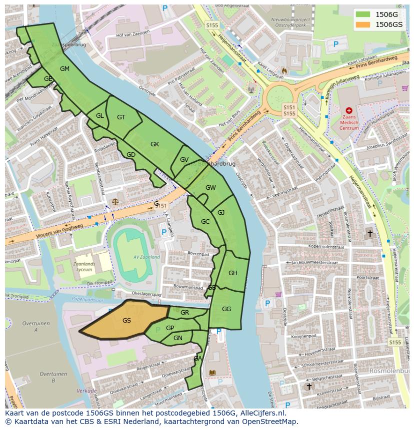 Afbeelding van het postcodegebied 1506 GS op de kaart.
