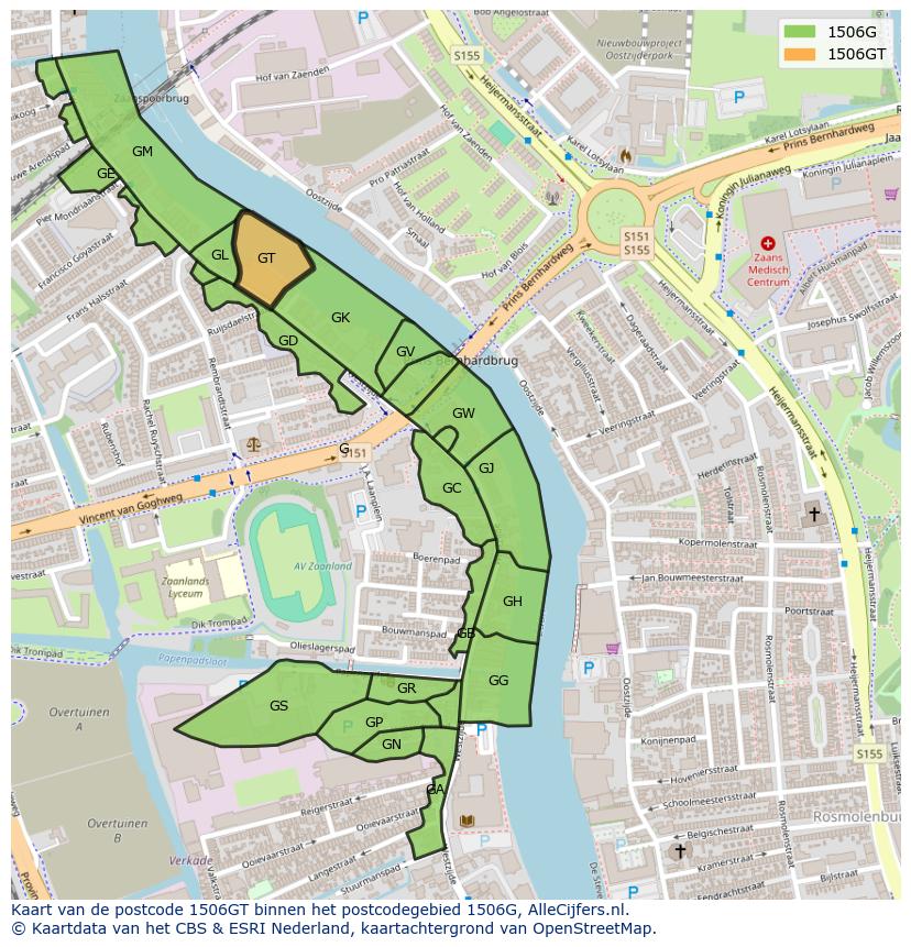 Afbeelding van het postcodegebied 1506 GT op de kaart.