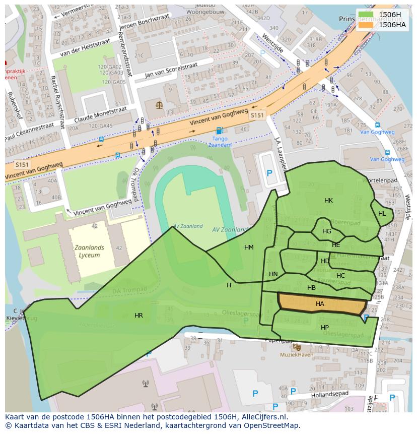 Afbeelding van het postcodegebied 1506 HA op de kaart.