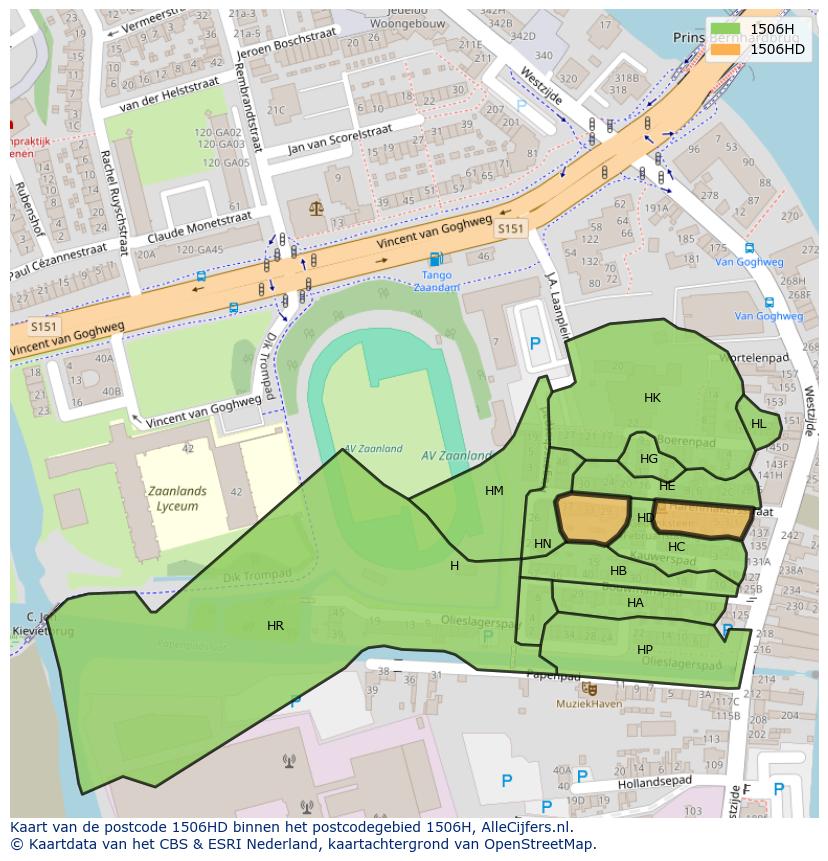 Afbeelding van het postcodegebied 1506 HD op de kaart.