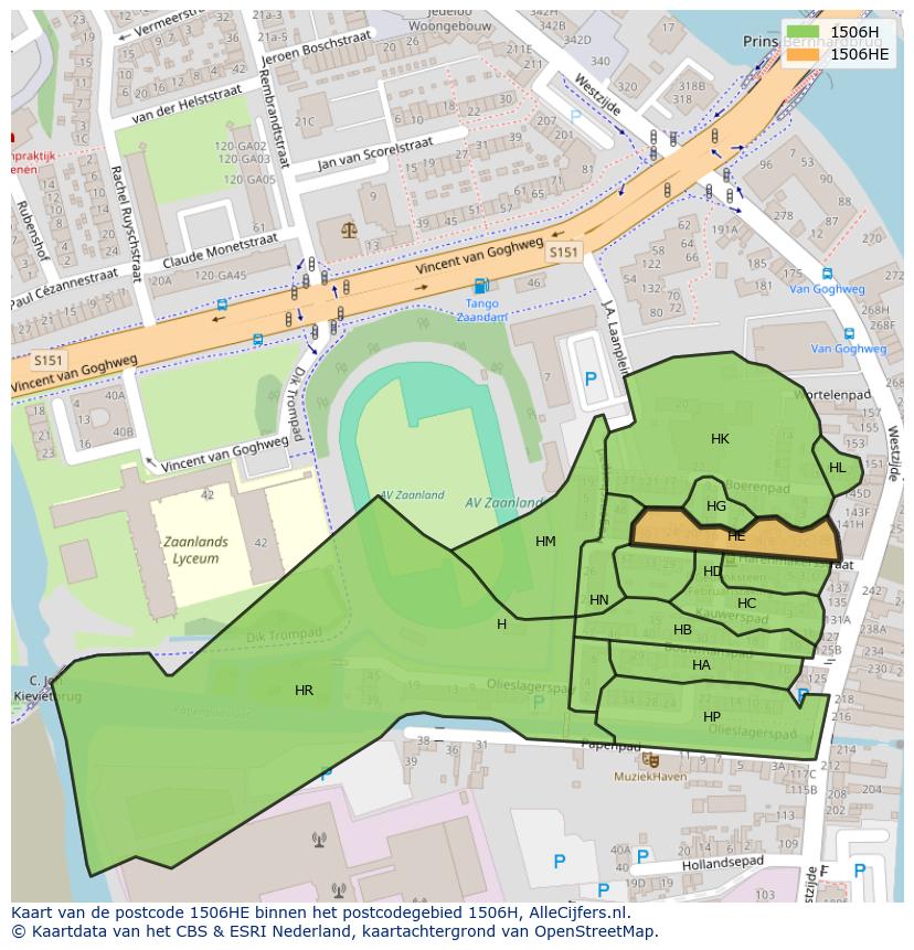 Afbeelding van het postcodegebied 1506 HE op de kaart.