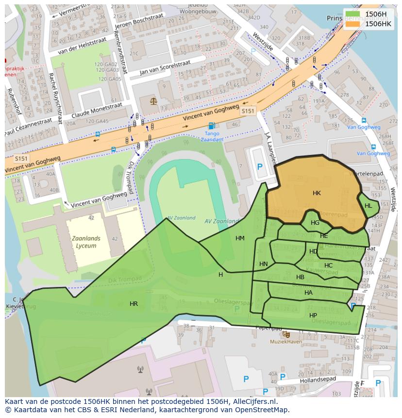Afbeelding van het postcodegebied 1506 HK op de kaart.