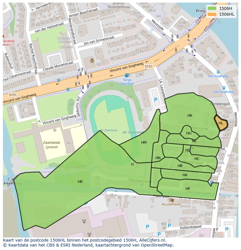 Afbeelding van het postcodegebied 1506 HL op de kaart.