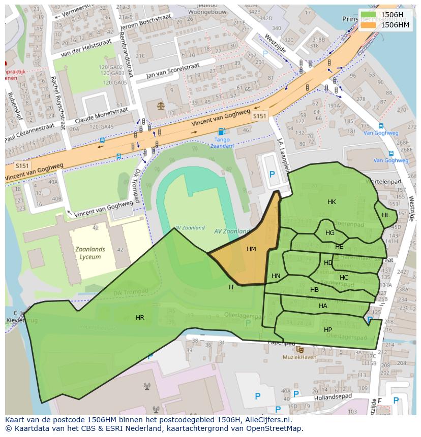 Afbeelding van het postcodegebied 1506 HM op de kaart.