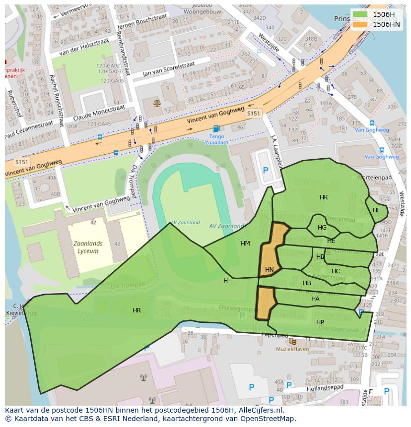 Afbeelding van het postcodegebied 1506 HN op de kaart.
