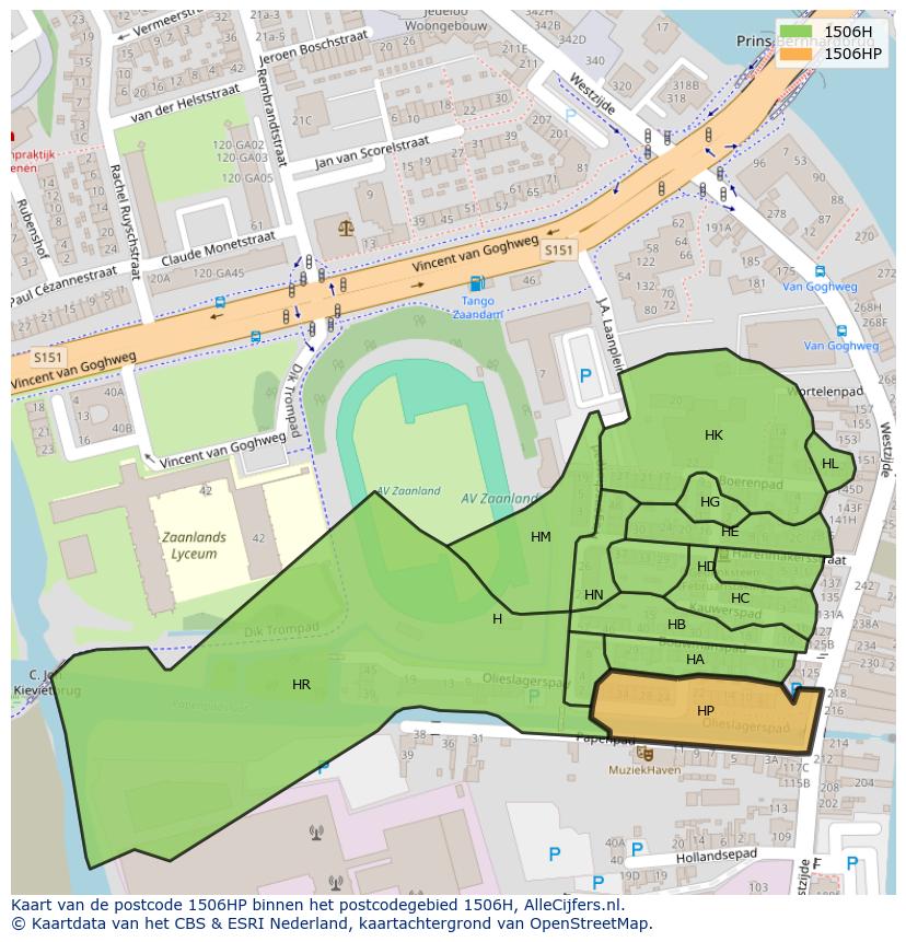 Afbeelding van het postcodegebied 1506 HP op de kaart.